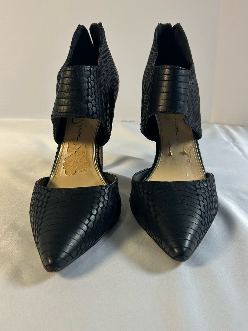 Jessica Simpson Women’s Coswell Mauvelous Viper Snake Print Black Heels 7.5 Flaw